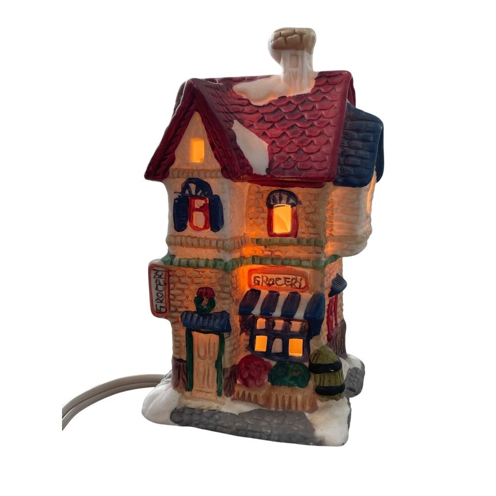 Leewards Grocery Ceramic Light Up Village House Rustic Christmas Holiday Decor